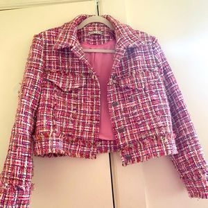 ALICE + OLIVIA TWEED PINK CROPPED JACKET, Size Medium